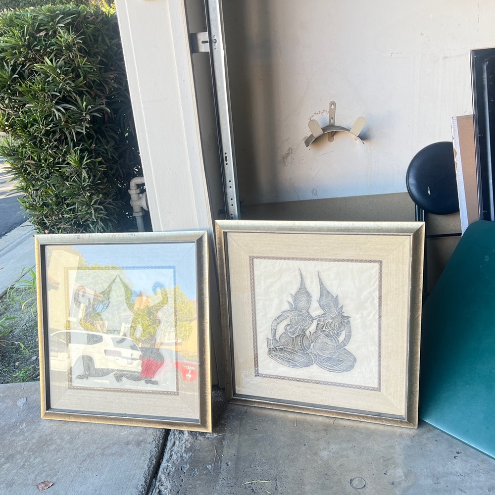 Mid Century Blue Thai Temple Rubbing Rice Paper Art Buddha 22x25 FRAME 2 Set